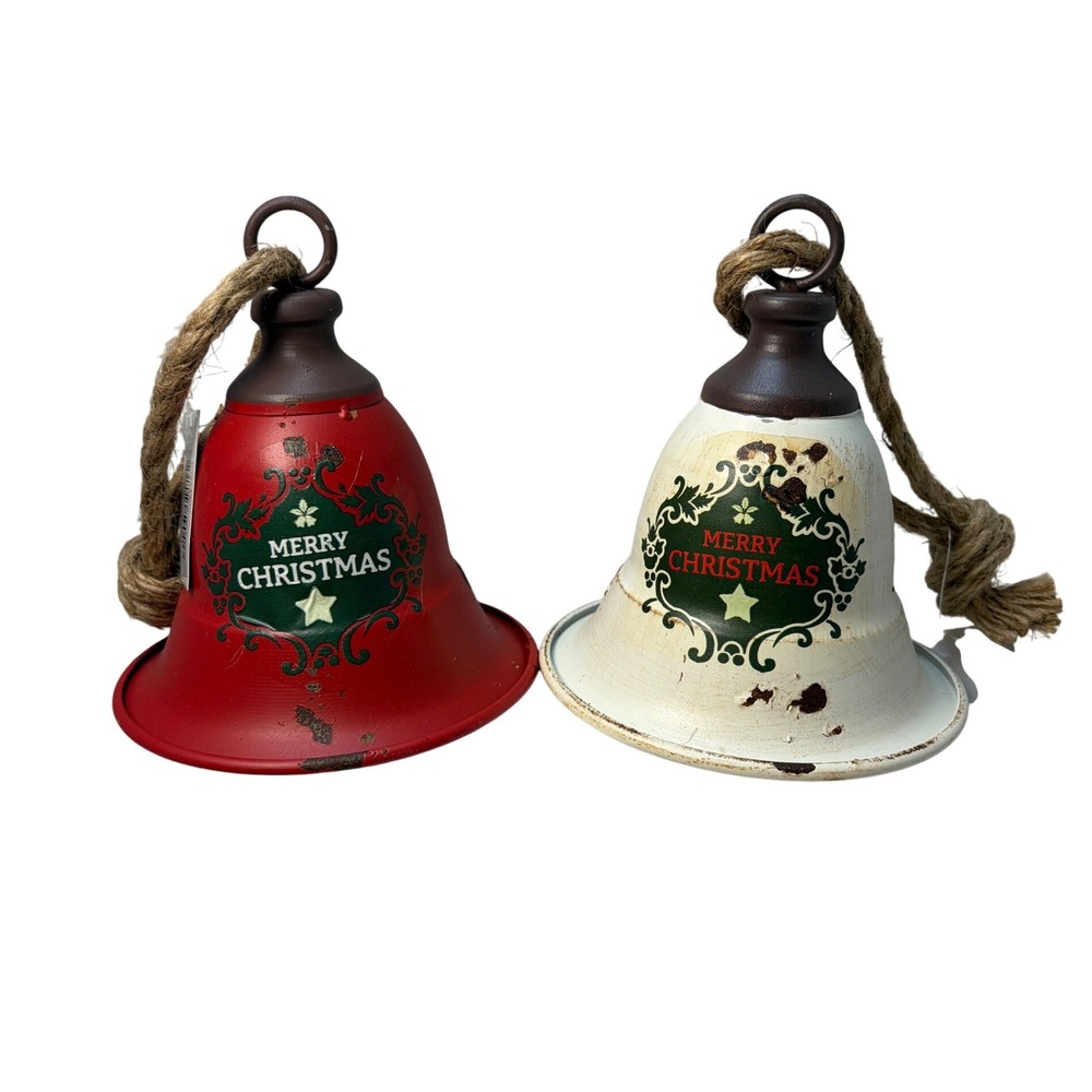 Rustic Metal Merry Christmas Bells Red White Distressed Farmhouse Decor Set of 2